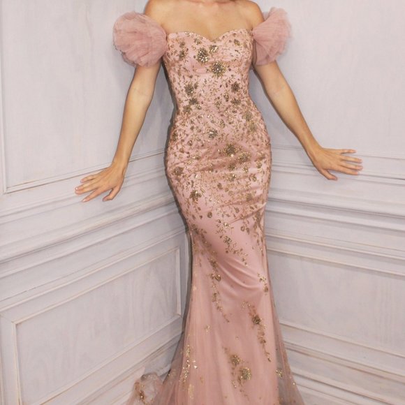 NEW ROSE-GOLD UNIQUE DRESS TULLE CAP OFF THE SHOULDER GLITTER PRINT GOWN CD250
